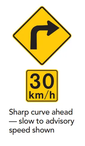 Sharp curve ahead yellow road sign 