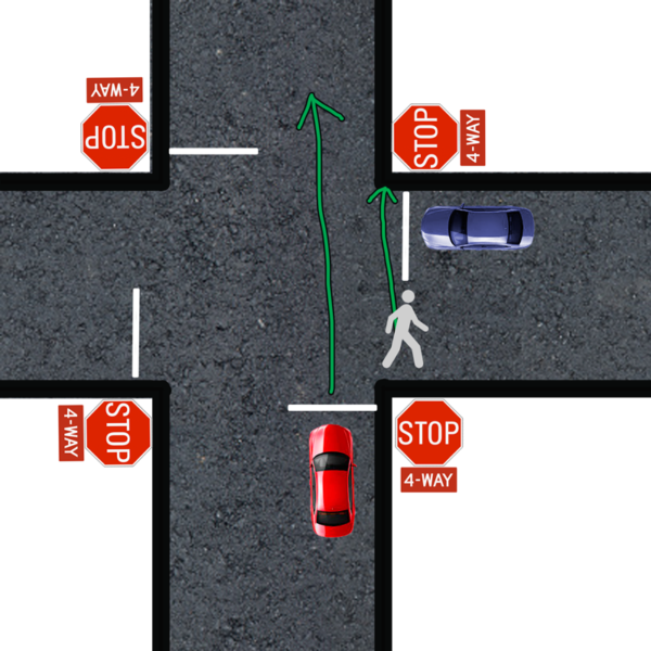 pedestrians at four way stop