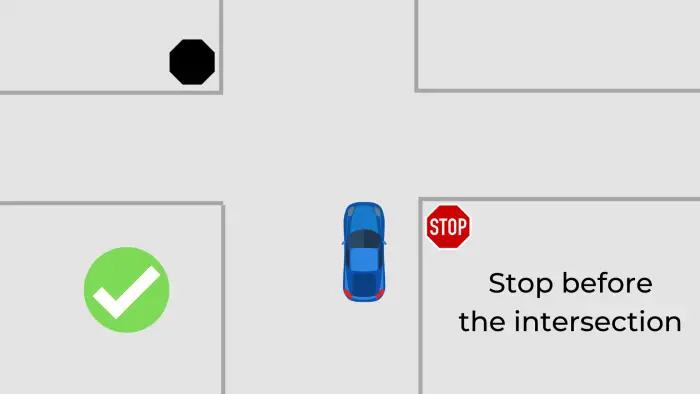 When stopping at a stop sign where there is no crosswalk or stop line, a driver should stop his/her vehicle